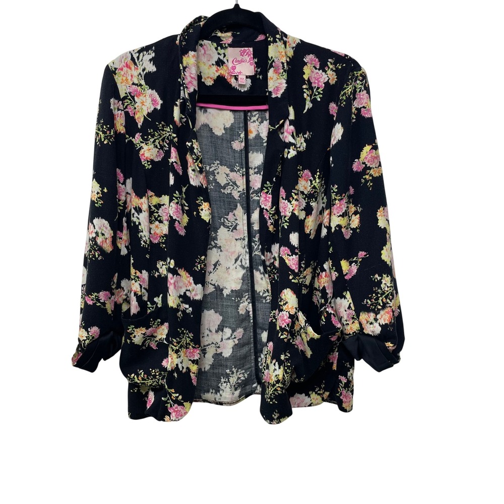 Candies Womens XL Black Floral Open Front Blazer 3/4 Rolled Sleeve‎ Knit Jacket